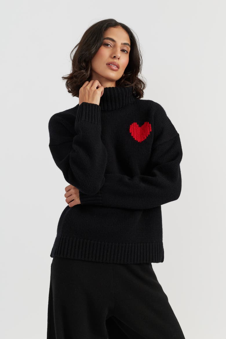 Merino Heart Rollneck Sweater, Alternate, color, Black