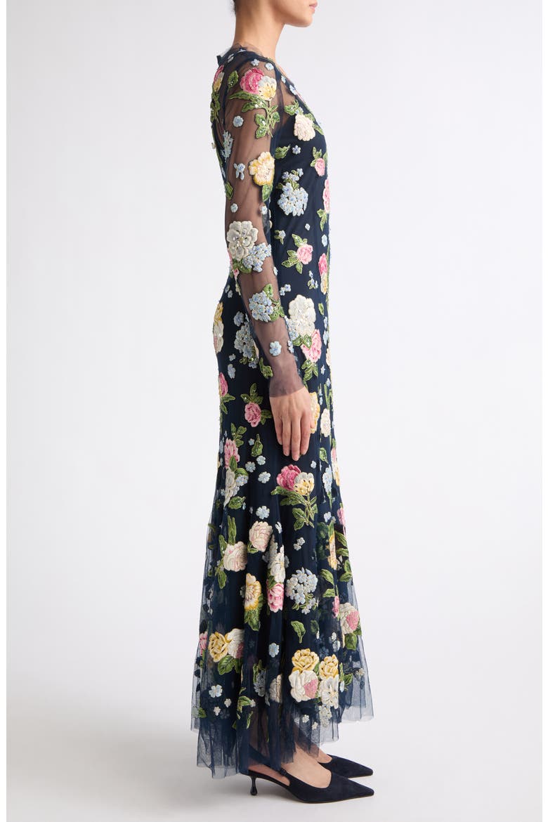Floral Embroidered Sheer Long Sleeve Midi Dress, Alternate, color, MIDNIGHT