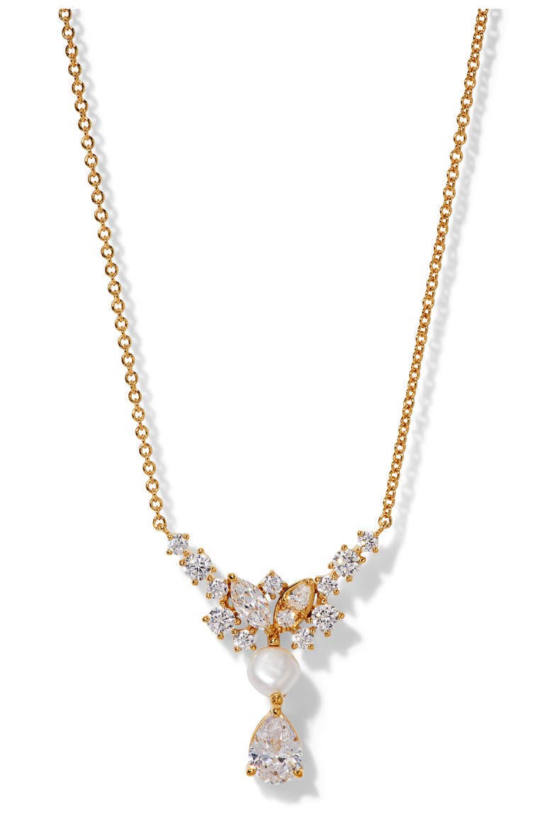 Ravish Cubic Zirconia & Genuine Pearl Frontal Necklace, Main, color, GOLD