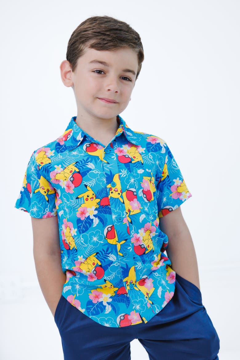 Pikachu Short Sleeve Button Down Shirt, Alternate, color, Blue