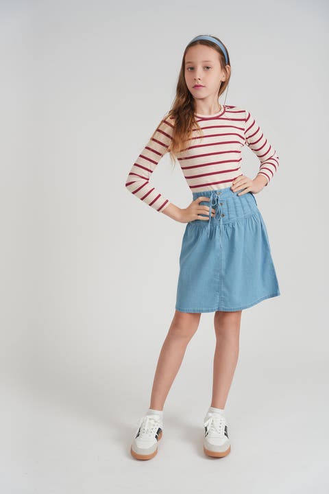 Girls Button Denim Skirt - Elastic Waist, Tiered Shirring