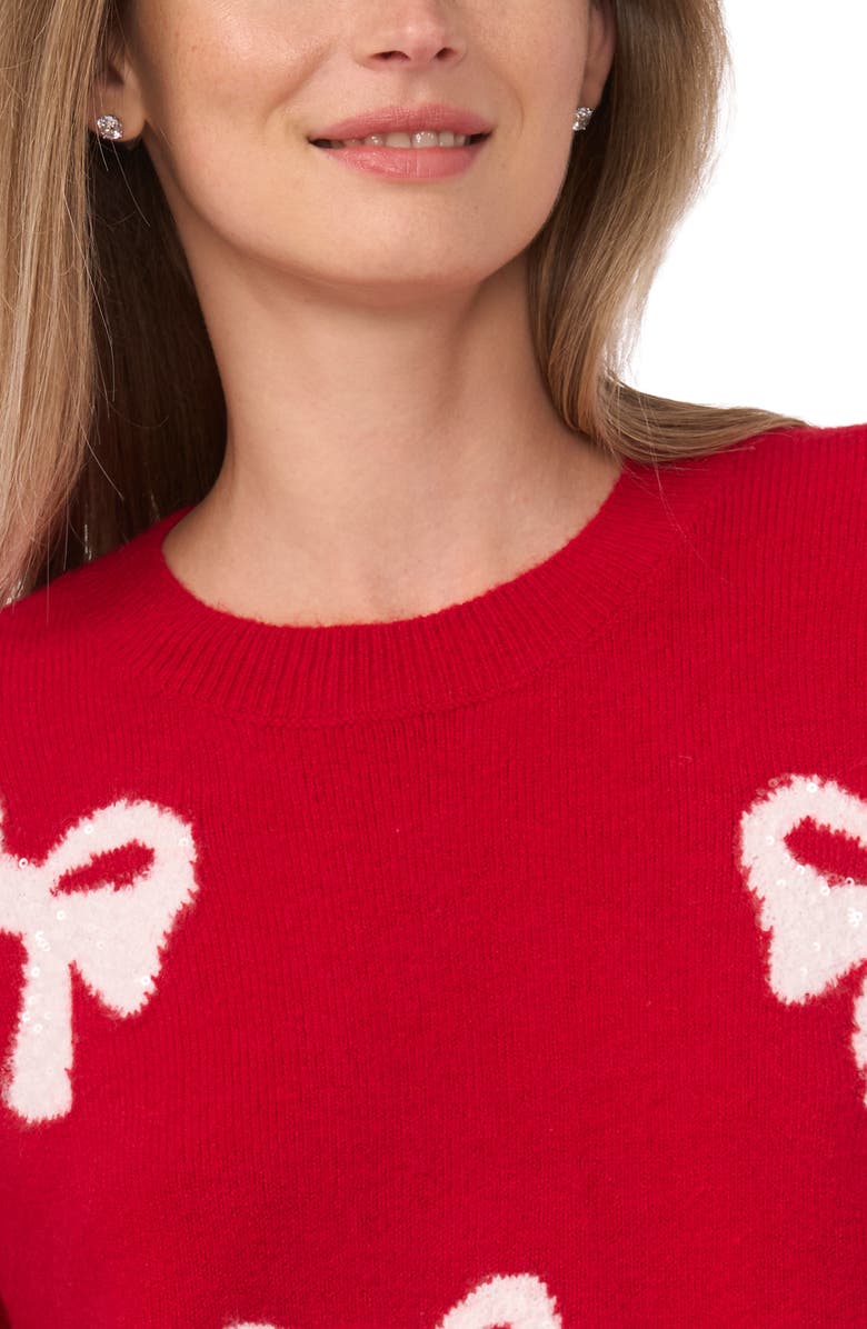 CeCe Sequin Bow Sweater, Alternate, color, Glamour Red/ Antique White
