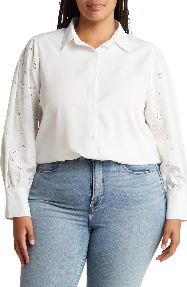 Forgotten Grace Embroidered Eyelet Long Sleeve Button-Up Shirt, Main, color, 