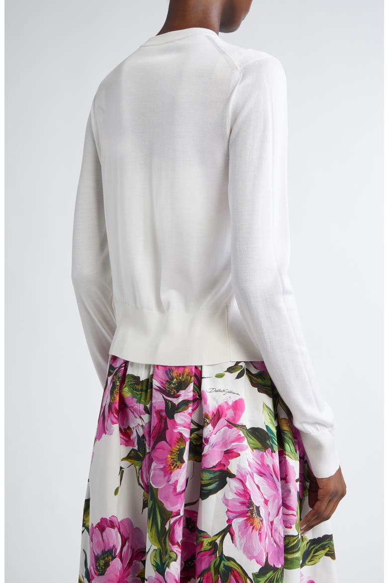 Floral Appliqué Silk Crewneck Cardigan, Alternate, color, BIANCO OTTICO