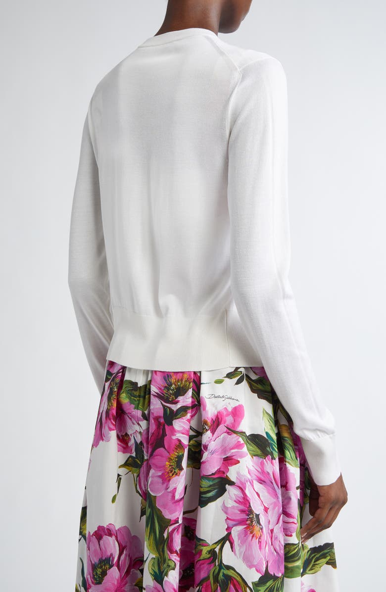 Dolce&Gabbana Floral Appliqué Silk Crewneck Cardigan, Alternate, color, Bianco Ottico