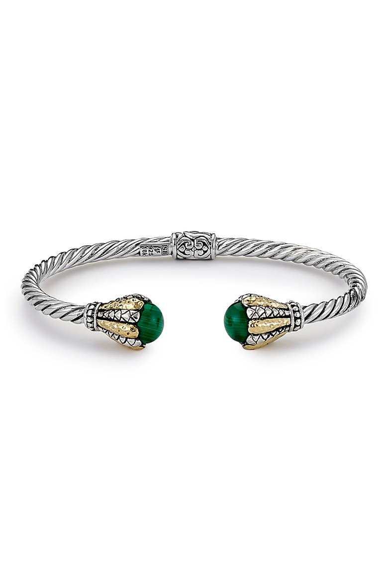 Sterling Silver & 18K Gold Twisted Cable Hinge Bangle, Main, color, GREEN