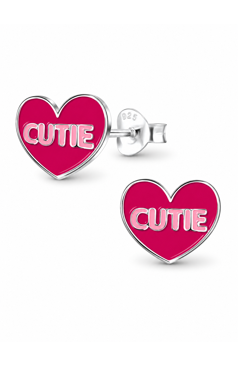 Mia Belle Girls Sterling Silver Stud Earrings Pink Cutie Heart, Main, color, Metallic Silver
