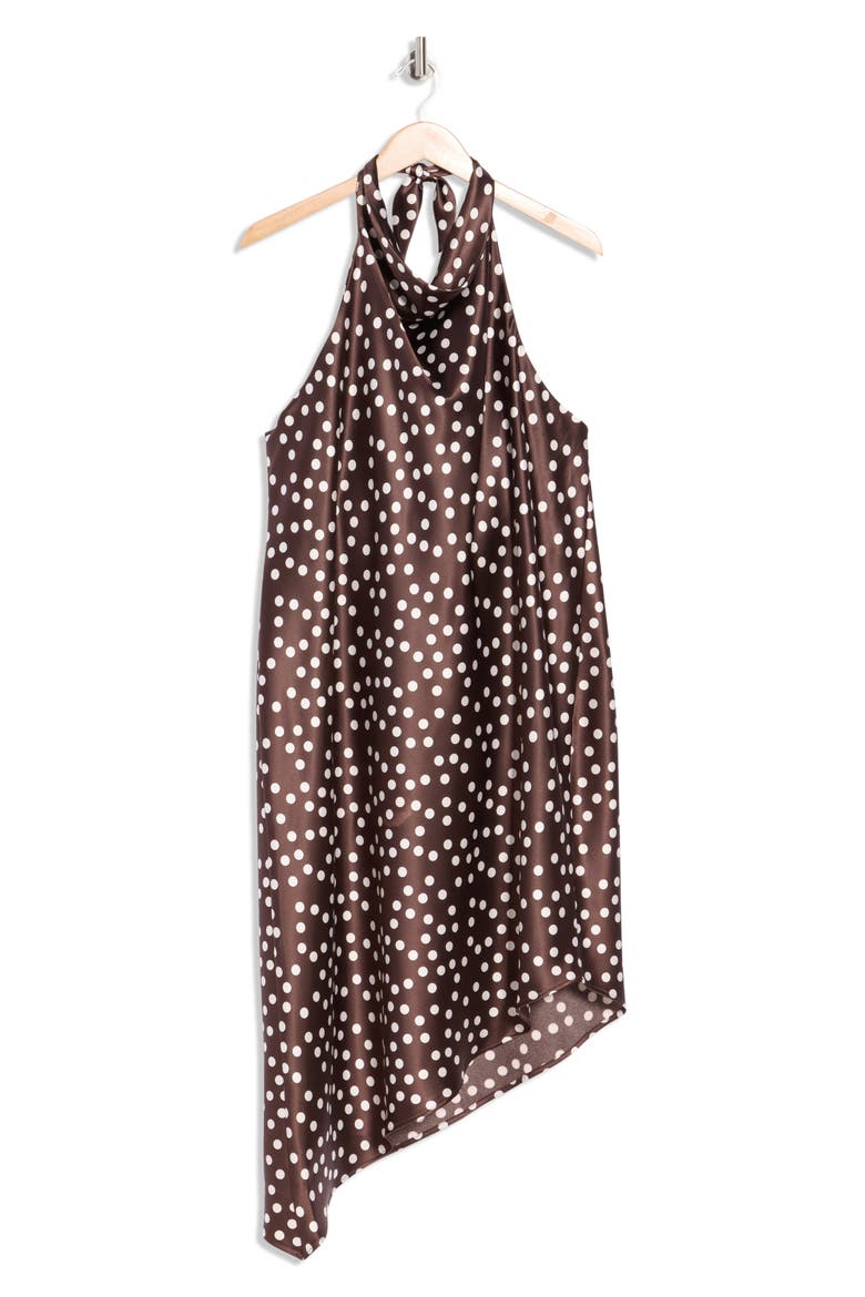 Polka Dot Asymmetric Hem Satin Halter Dress, Alternate, color, BROWN