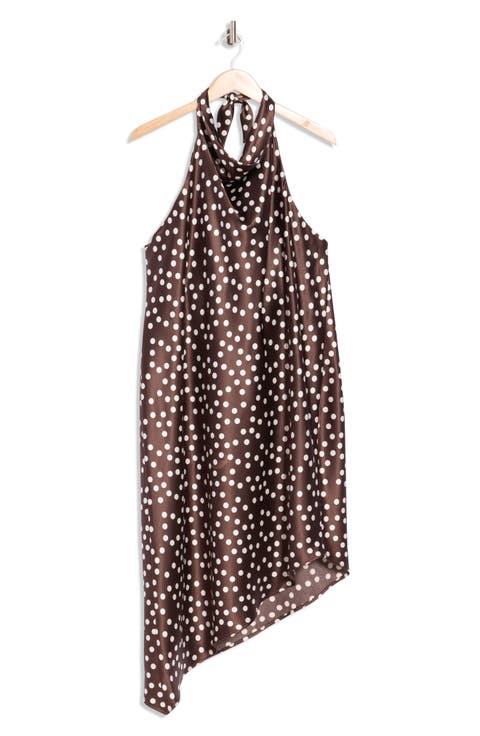 Polka Dot Asymmetric Hem Satin Halter Dress (Plus)