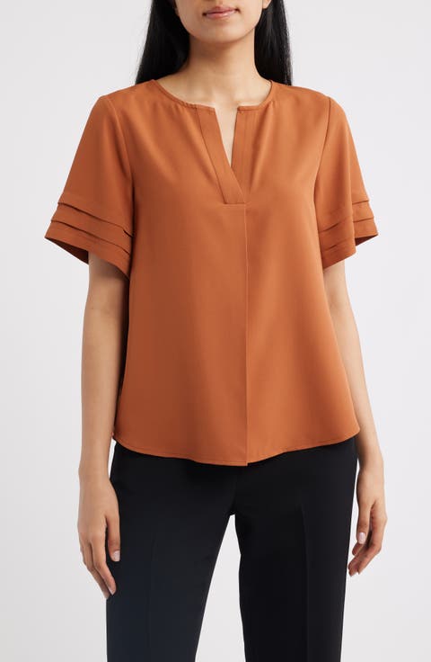 Pleated Split Neck Top (Petite)