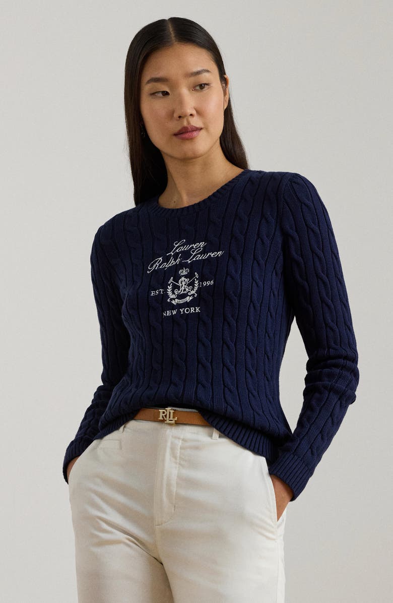 Lauren Ralph Lauren Cable Knit Embroidered Sweater, Alternate, color, Navy Blue