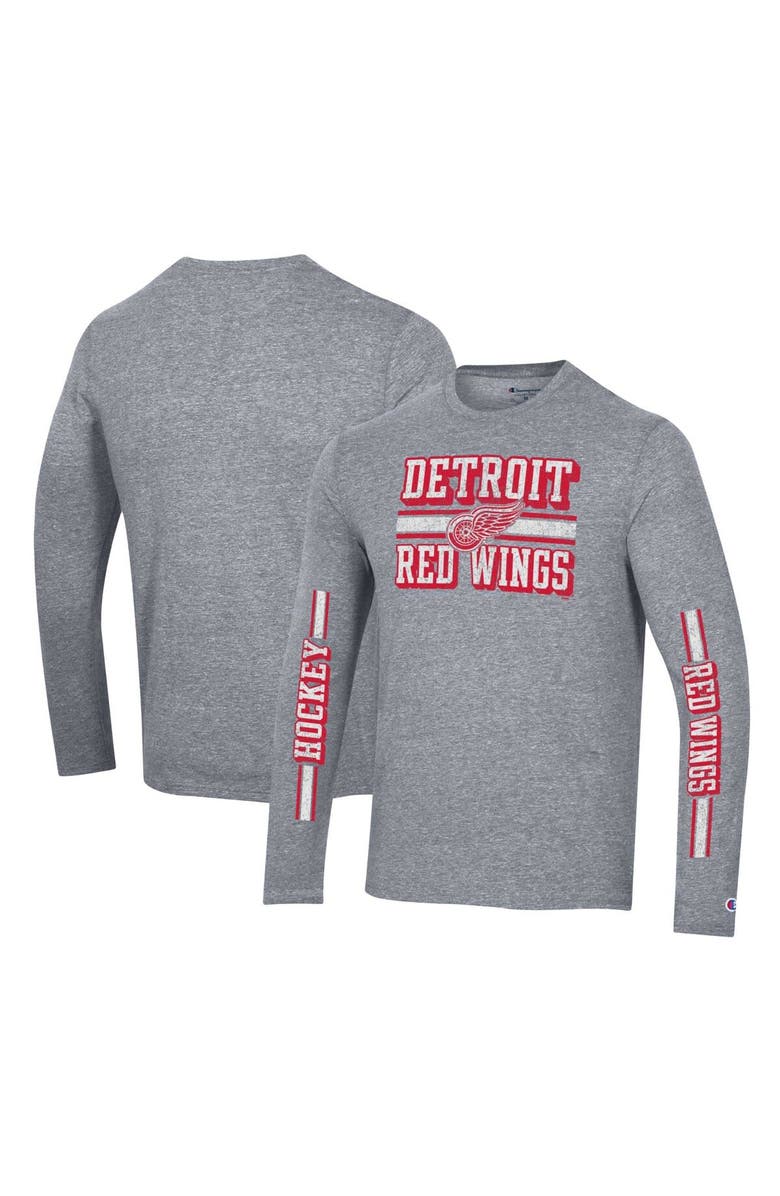 Champion Men's Champion Heather Gray Detroit Red Wings Tri-Blend Dual-Stripe Long Sleeve T-Shirt, Main, color, Heather Gray