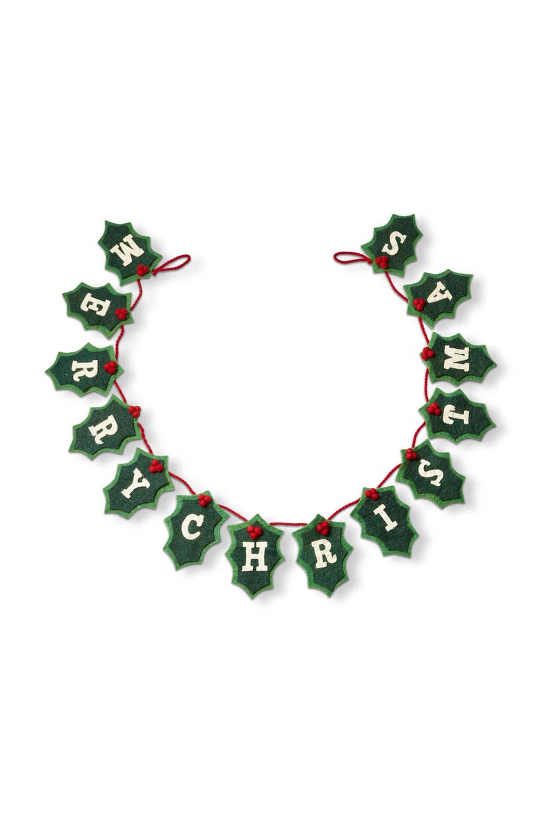 Merry Christmas Holly Berries Wool Felt Garland Decoration, Main, color, Green