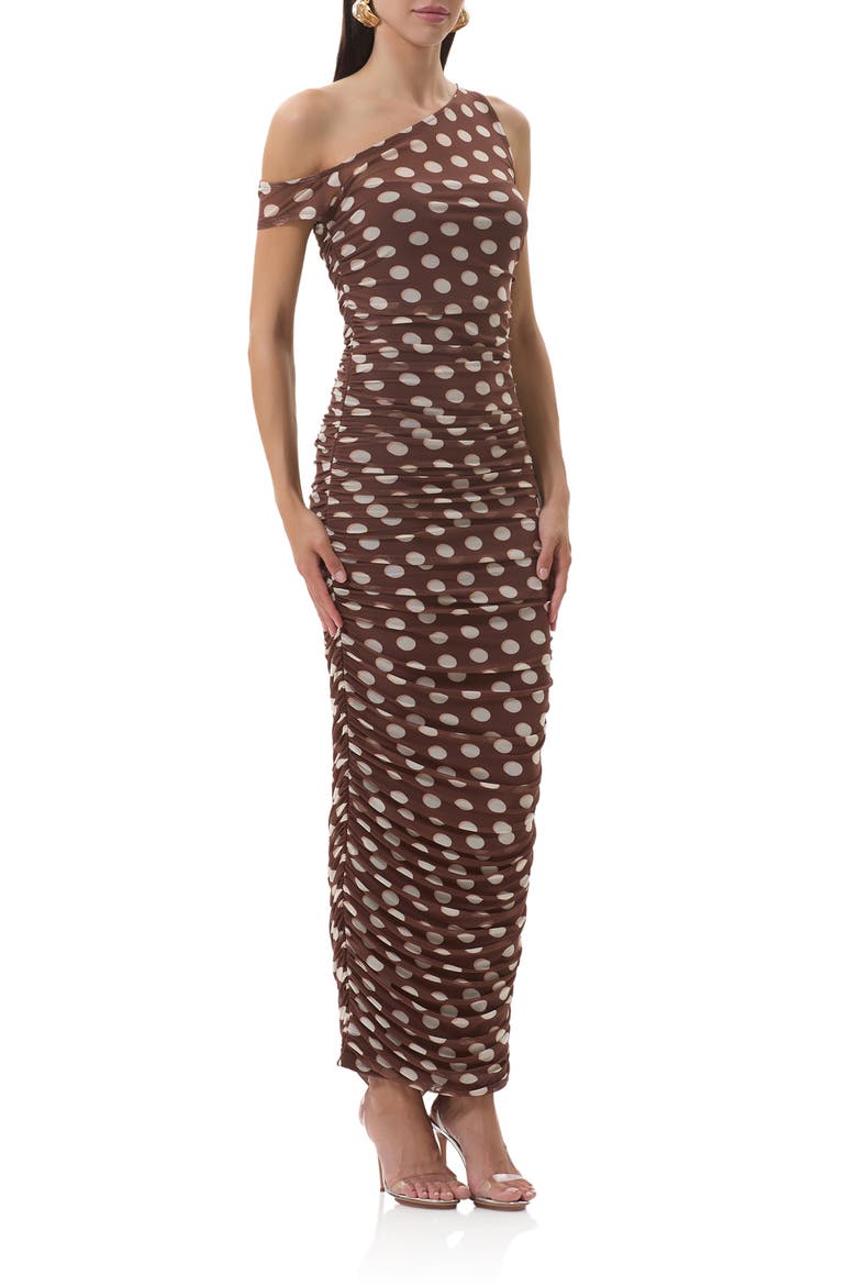 Biona Printed One-Shoulder Ruched Mesh Maxi Dress, Alternate, color, CHOCOLATE HALO DOT