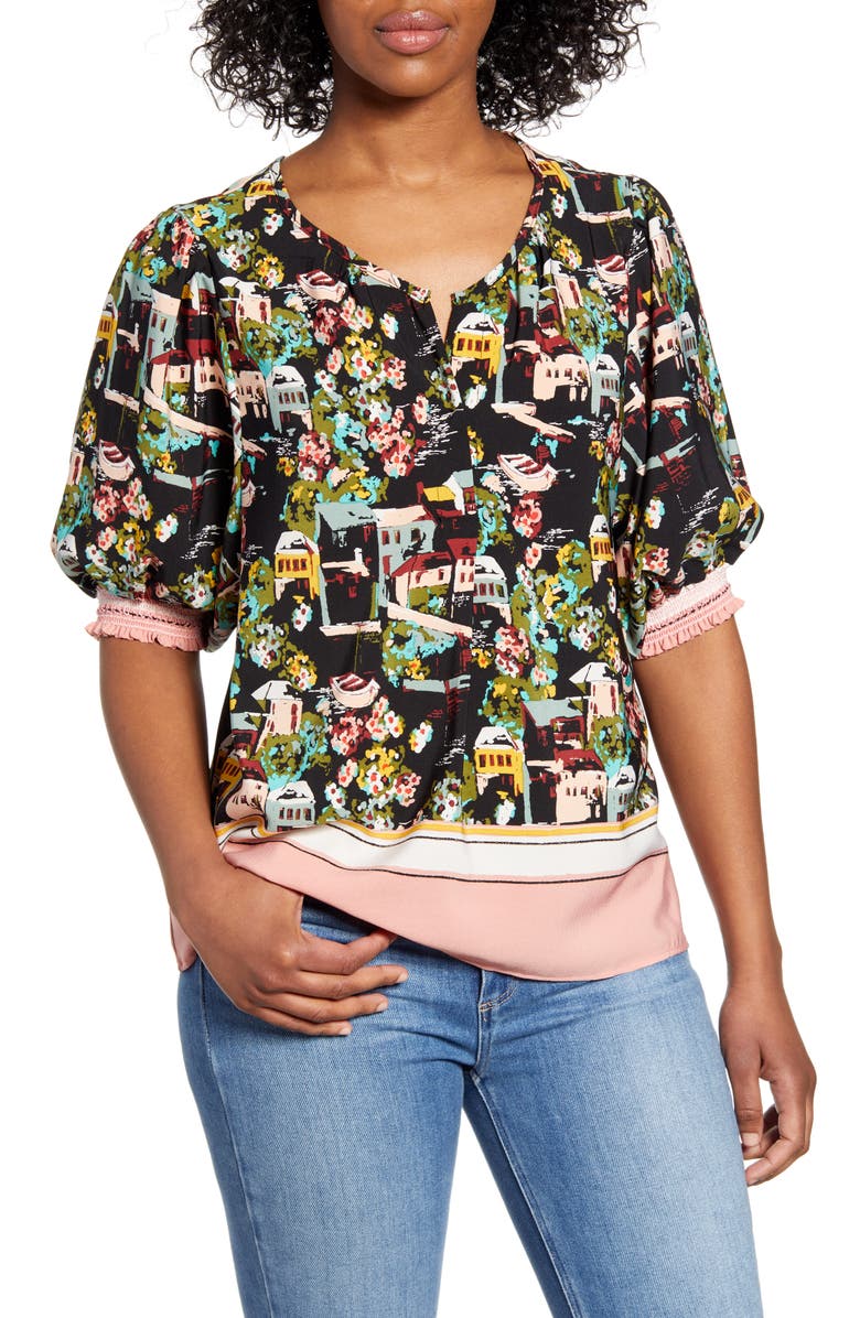 Bobeau Valerie Split Neck Short Sleeve Blouse, Main, color, 