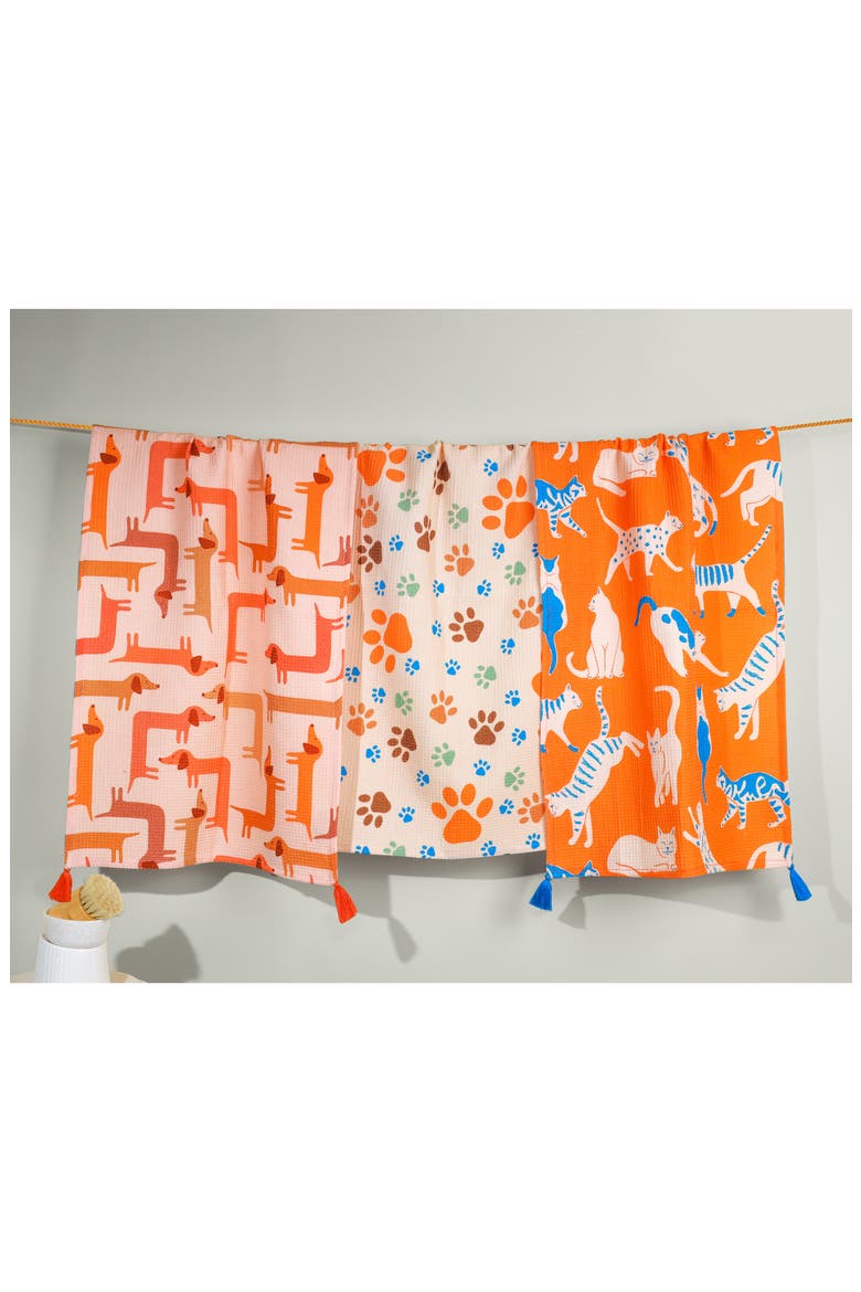 Set of 3 Cotton Waffle Knit Kitchen Towels, Alternate, color, TANGERINE/ ROYAL BLUE