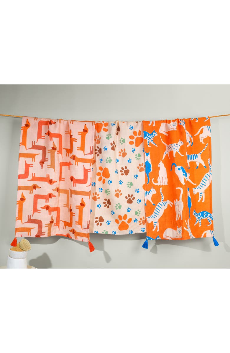 Tiramisu Set of 3 Cotton Waffle Knit Kitchen Towels, Alternate, color, Tangerine/ Royal Blue