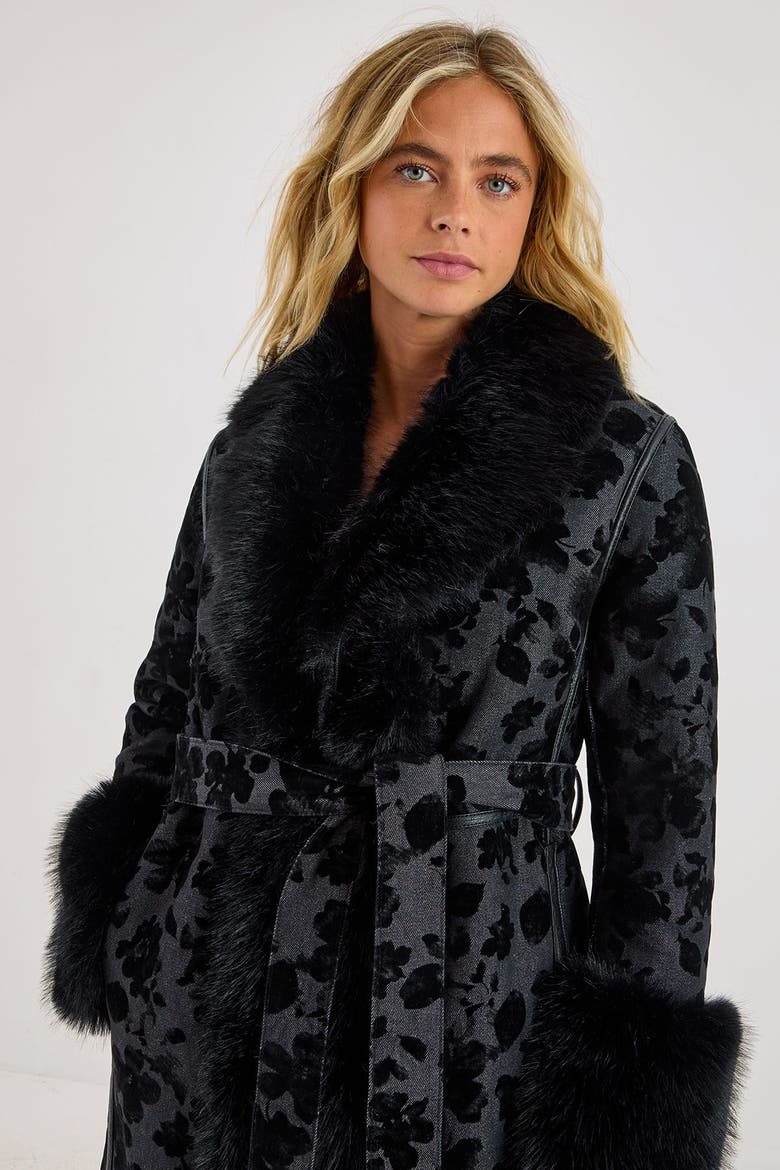 Faux Fur Floral Jacquard Coat, Alternate, color, Black