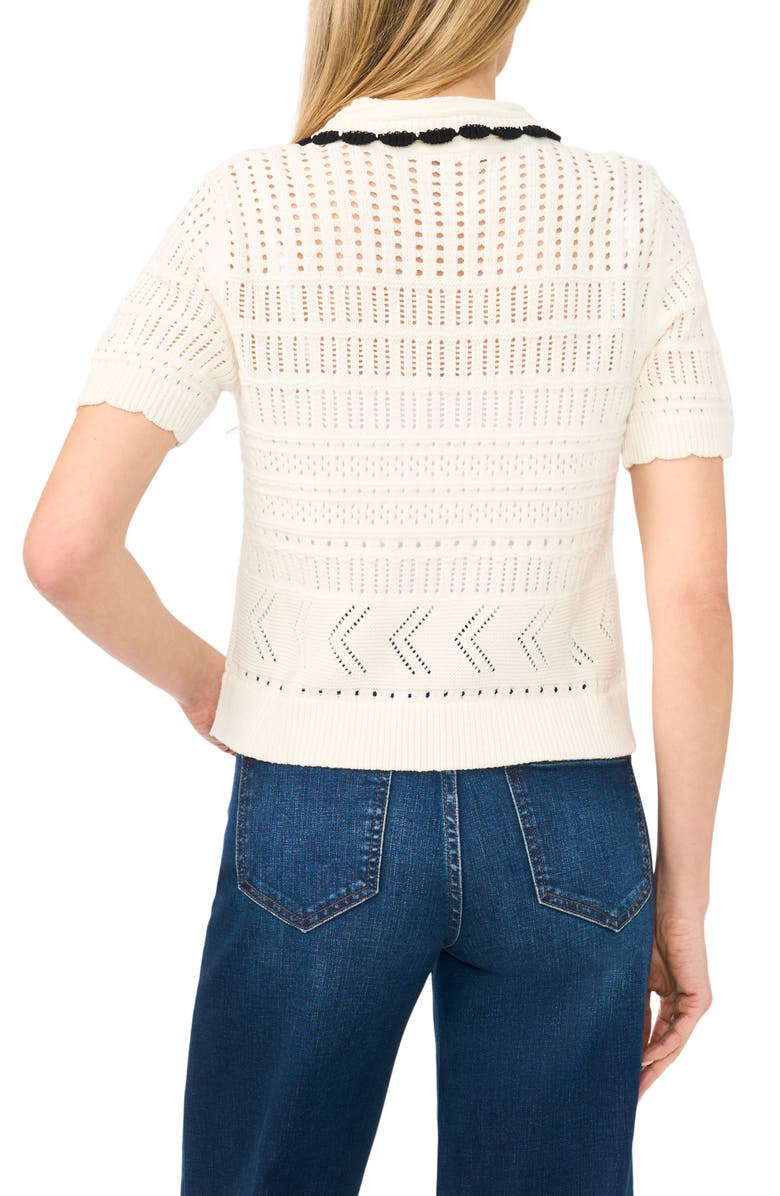 CeCe Pointelle Knit Cotton Button Front Sweater, Alternate, color, Antique White