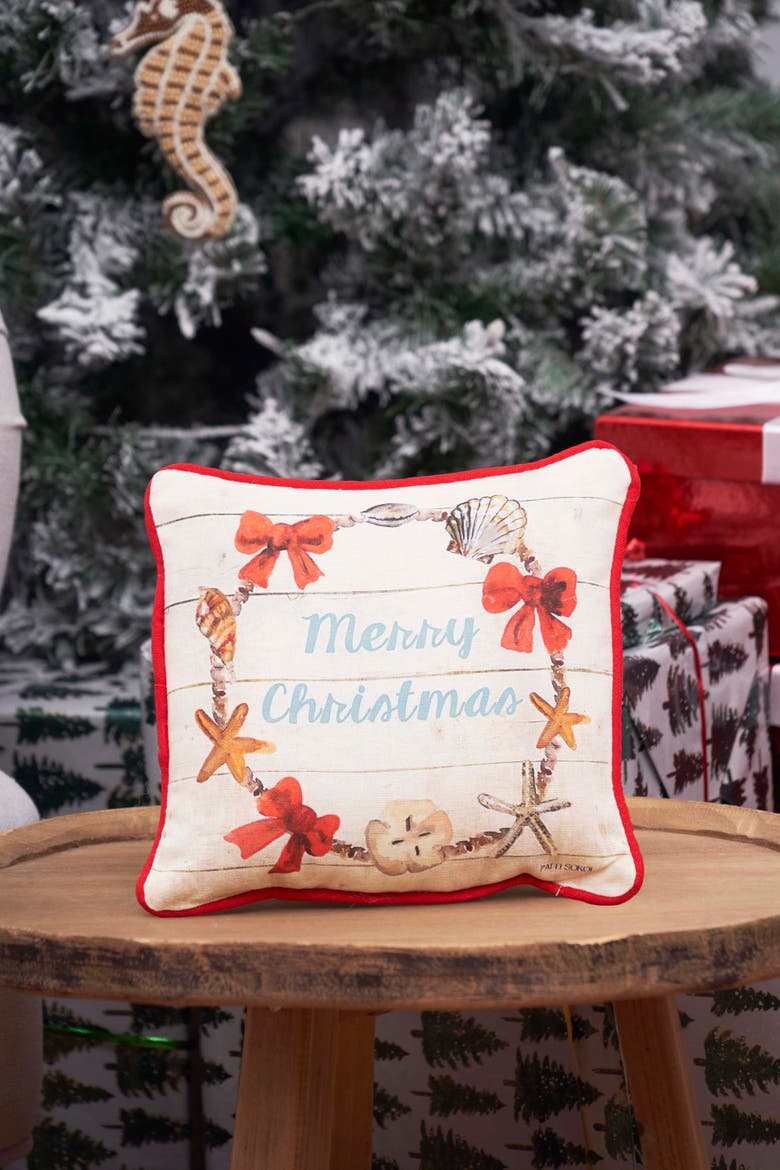 Merry Christmas Shell Wreath Printed & Woven Small/Petite Pillow, 8" x 8", Alternate, color, Blue