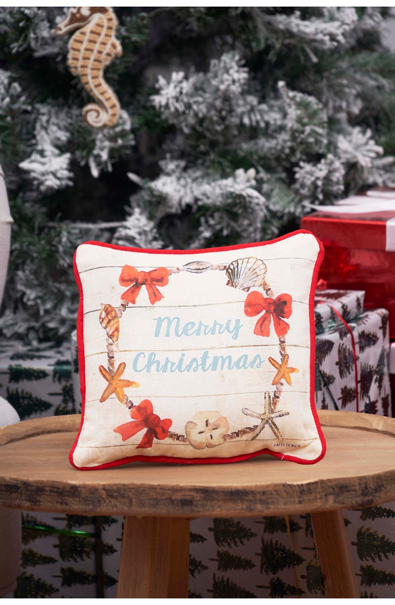 C&F Home Merry Christmas Shell Wreath Printed & Woven Small/Petite Pillow, 8" x 8", Alternate, color, Blue