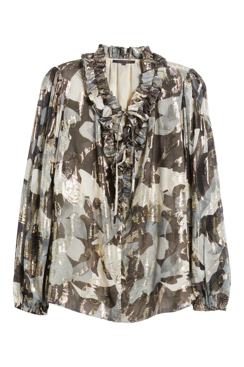 Boden Metallic Floral Tie Neck Silk Blend Top, Alternate, color, GRAPHITE M