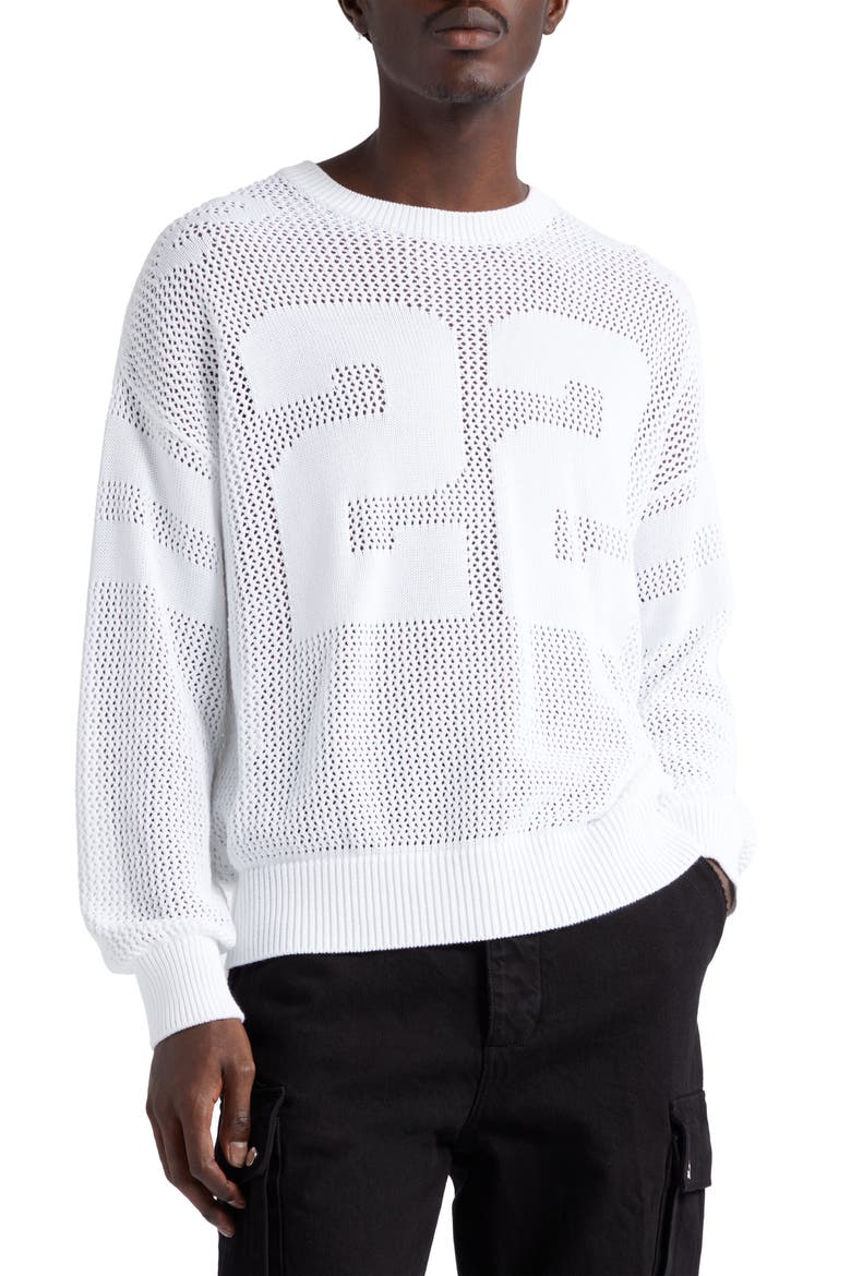 Tiger Patch Long Sleeve Cotton Mesh Sweater, Main, color, WHITE