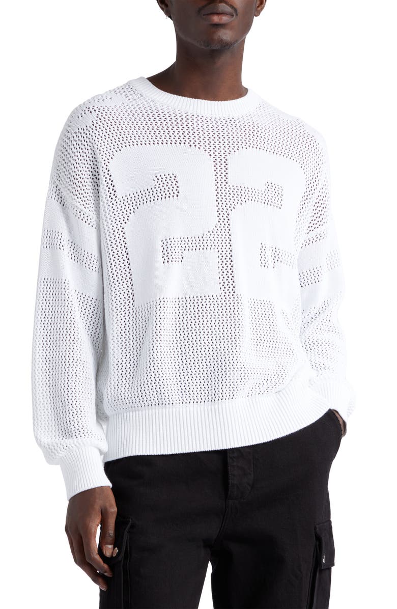 AMIRI Tiger Patch Long Sleeve Cotton Mesh Sweater, Main, color, 