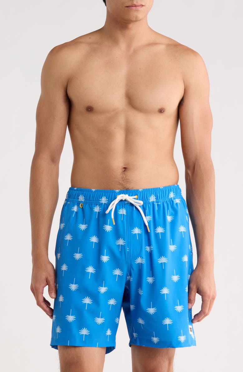 Scotch & Soda Palm Tree Print Swim Trunks, Main, color, Campanula