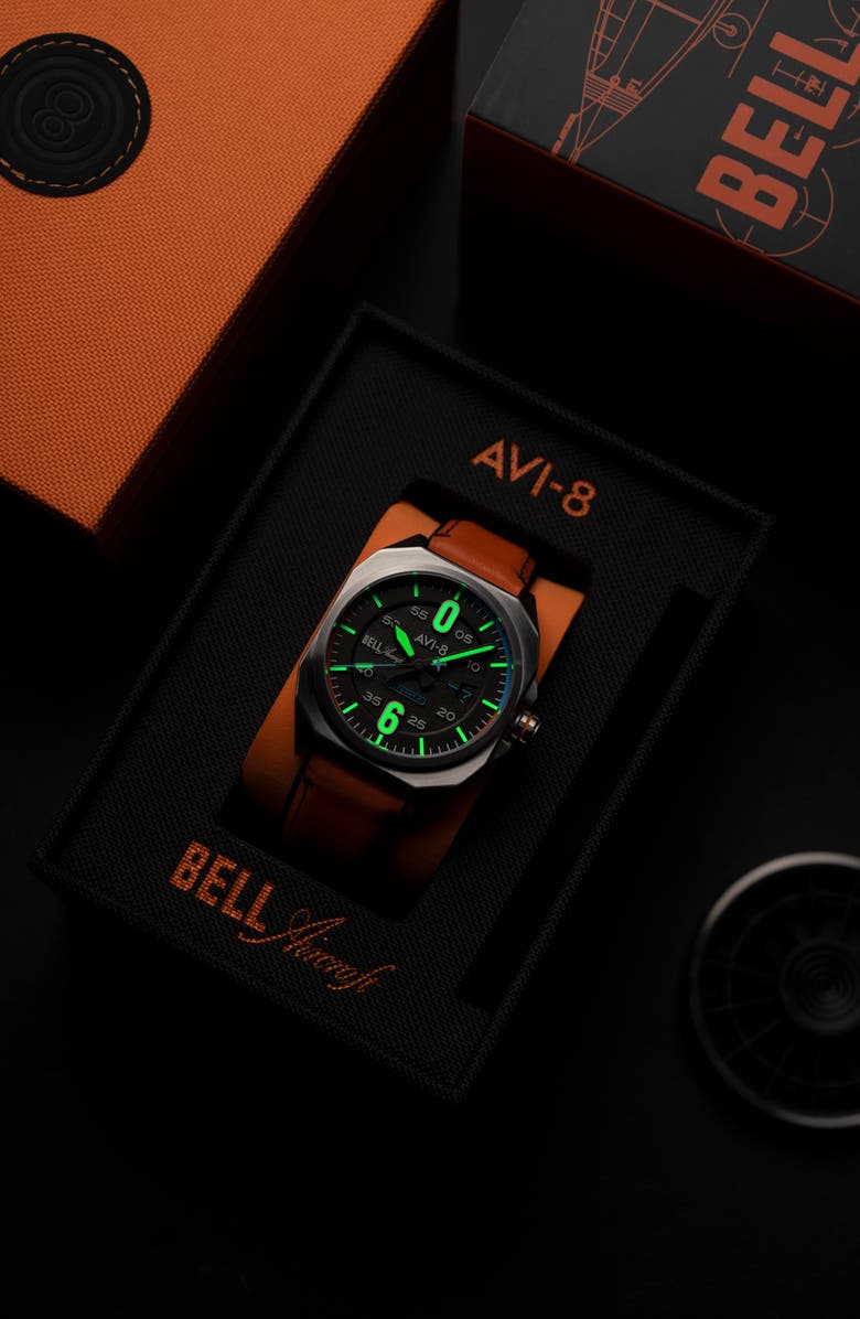 AVI-8 Bell X-1 Machbuster Automatic Leather/Rubber Strap Watch, 41mm, Alternate, color, Black/ Orange