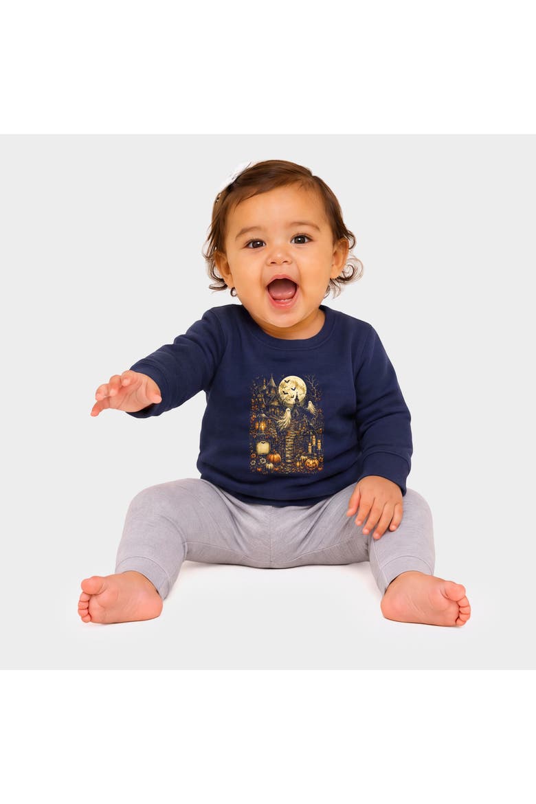 Halloween House and Moon Infant Crew Fleece Sweatshirt, Alternate, color, Navy