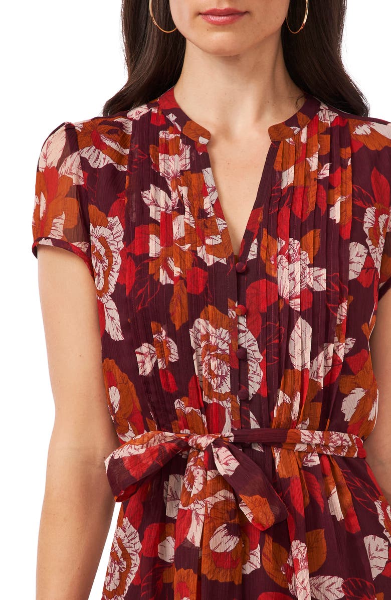 Chaus Pleated Floral Print Tie Waist Dress, Alternate, color, Wine