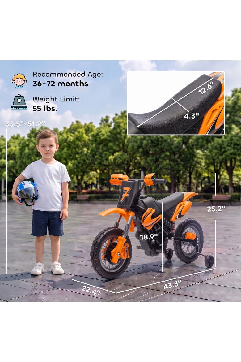 12V Kids Motorcycle, 2 x 35W Electric Dirt Bike with Training Wheels, Battery Powered Ride on Motorbike, Alternate, color, Orange