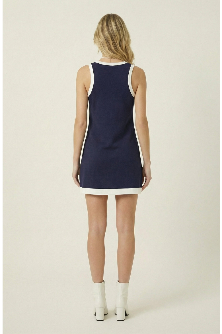 Sleeveless Knit Mini Dress with Contrast Trim and Front Pockets, Alternate, color, Navy Blue