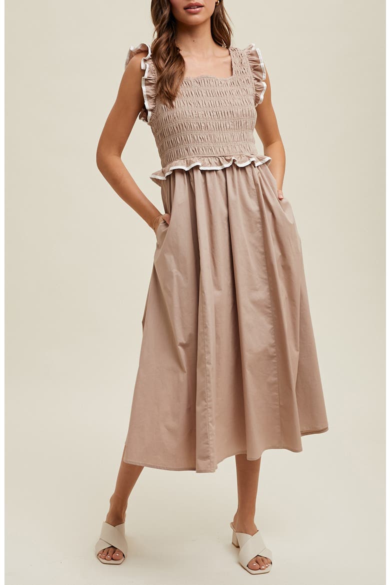 Ruffle Tank Midi Dress, Main, color, MOCHA/ CREAM