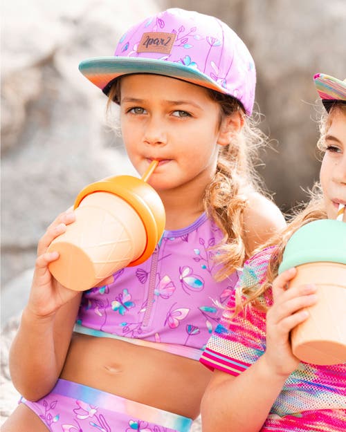DEUX PAR DEUX DEUX PAR DEUX GIRL'S PRINTED TWO-PIECE SWIMSUIT OLD MAUVE AND MULTICOLORED BUTTERFLIES
