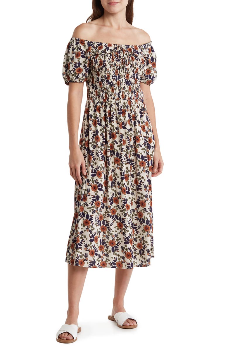 Bobeau Puff Sleeve Midi Dress, Main, color, 