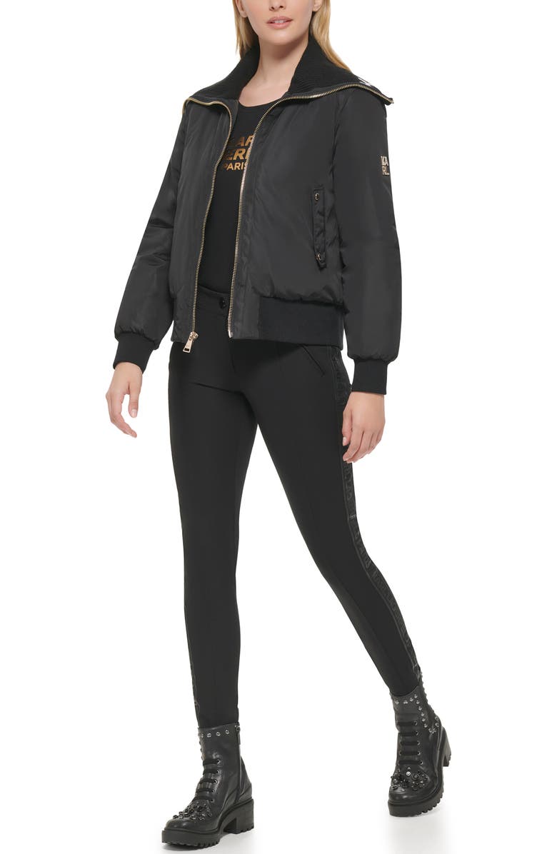 KARL LAGERFELD PARIS Water Resistant Knit Logo Collar Bomber Jacket, Alternate, color,
