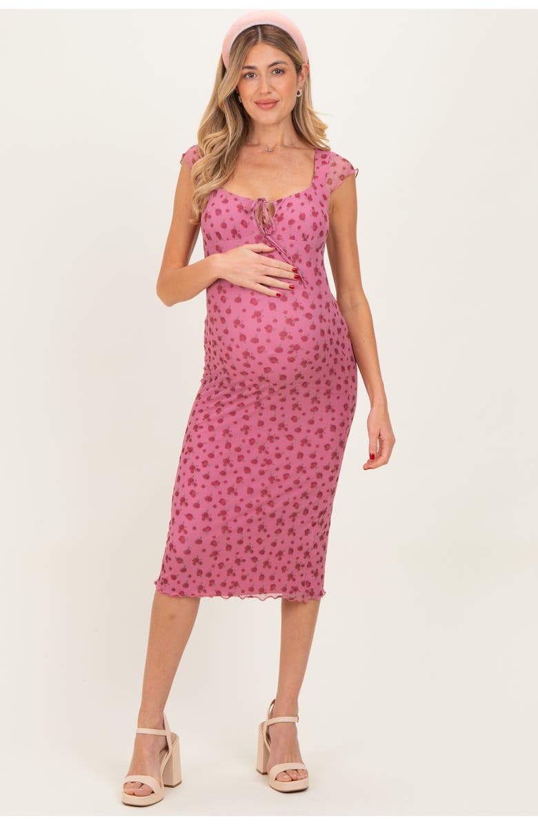PinkBlush Floral Mesh Front Tie Cutout Midi Dress, Alternate, color, 