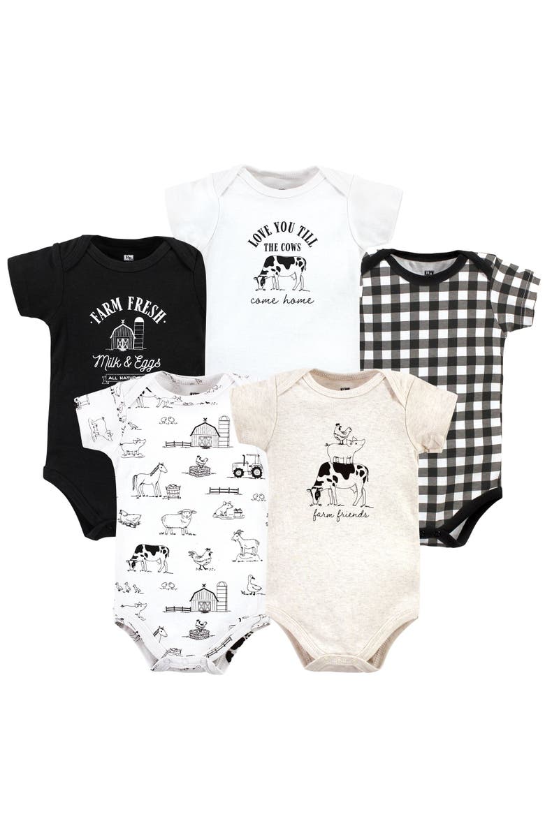 Hudson Baby Five-Piece Set of Cotton Infant All-in-One Bodysuits, Main, color, Neutral Farm