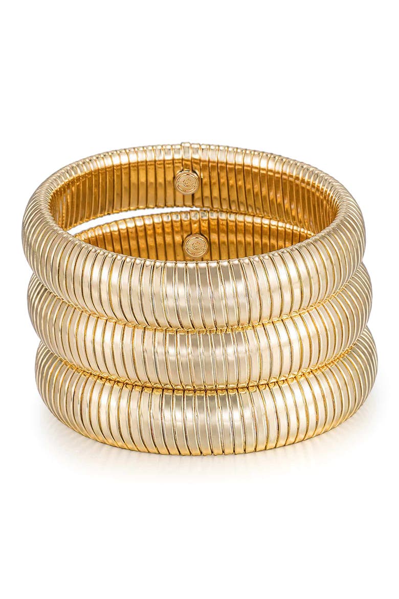 Set of 3 Two Tone Stretch Cuff Bracelets, Main, color, GOLD
