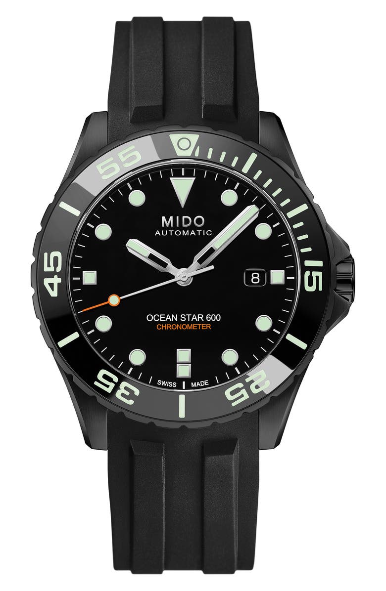 MIDO Ocean Star 600 Chronometer Bracelet Watch & Rubber Strap Gift Set, 43.5mm, Alternate, color, Black