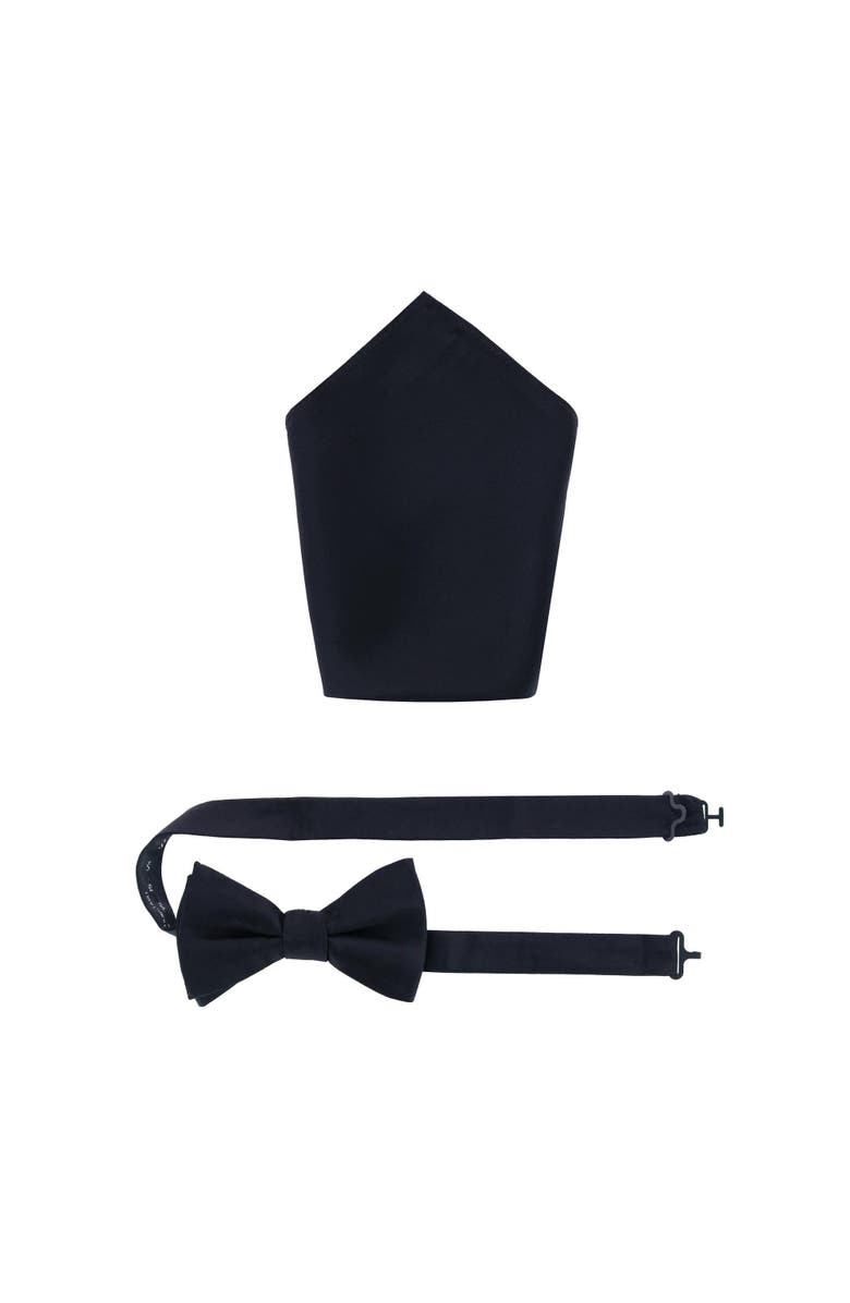 Trafalgar Sutton Solid Color Silk Bowtie and Pocket Square Combo, Main, color, Black