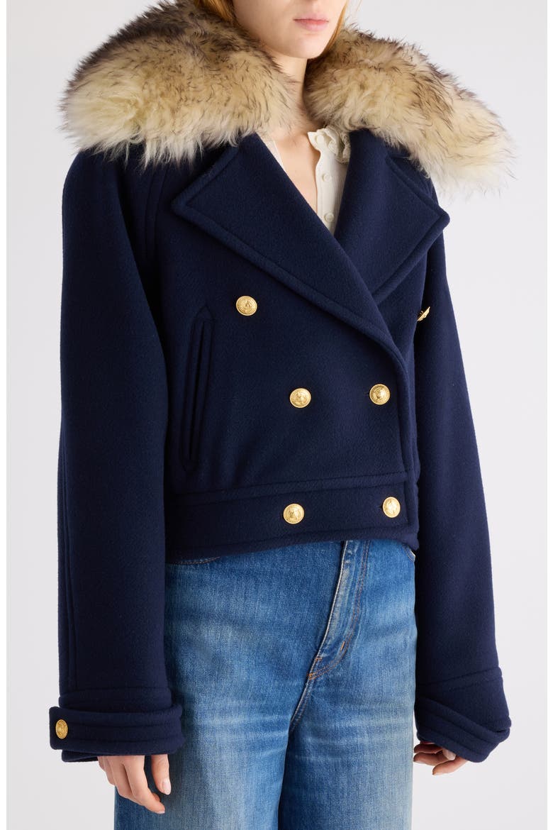Crop Double Breasted Coat with Genuine Shearling Collar, Alternate, color, EVENING BLUE