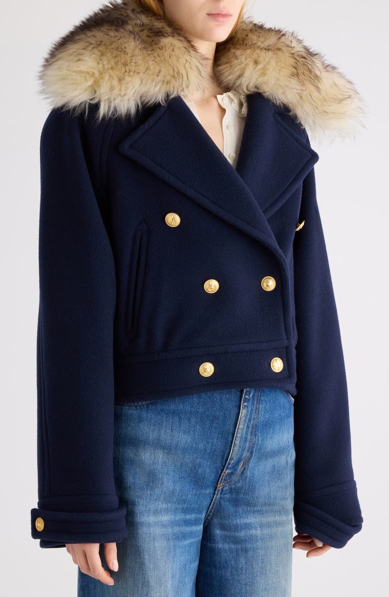 Chloé Crop Double Breasted Coat with Genuine Shearling Collar, Alternate, color, Evening Blue