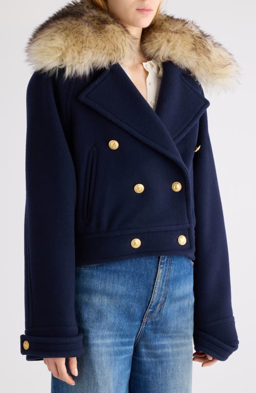 Chloé Crop Double Breasted Coat With Genuine Shearling Collar In Blue