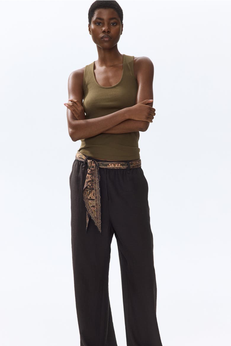 Scarf-detail Linen-blend Trousers, Alternate, color, Dark brown