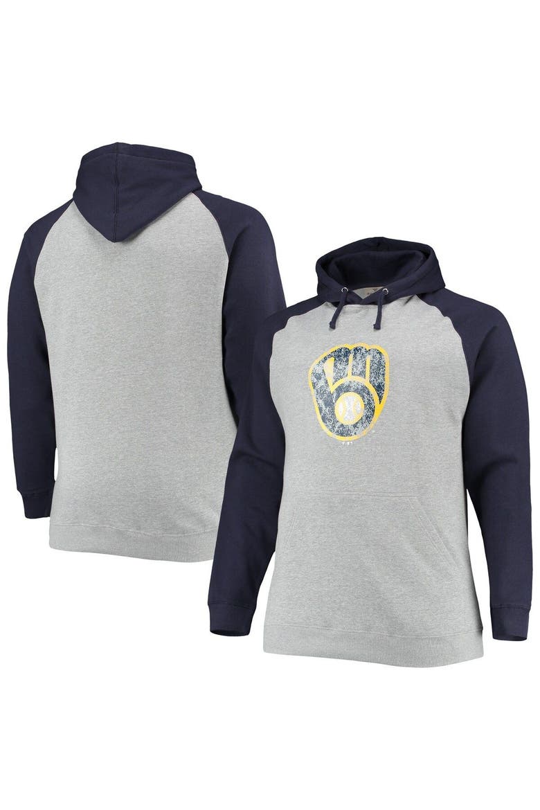 Men's Fanatics Branded Heathered Gray/Navy Milwaukee Brewers Big & Tall Raglan Pullover Hoodie, Main, color, Heather Gray