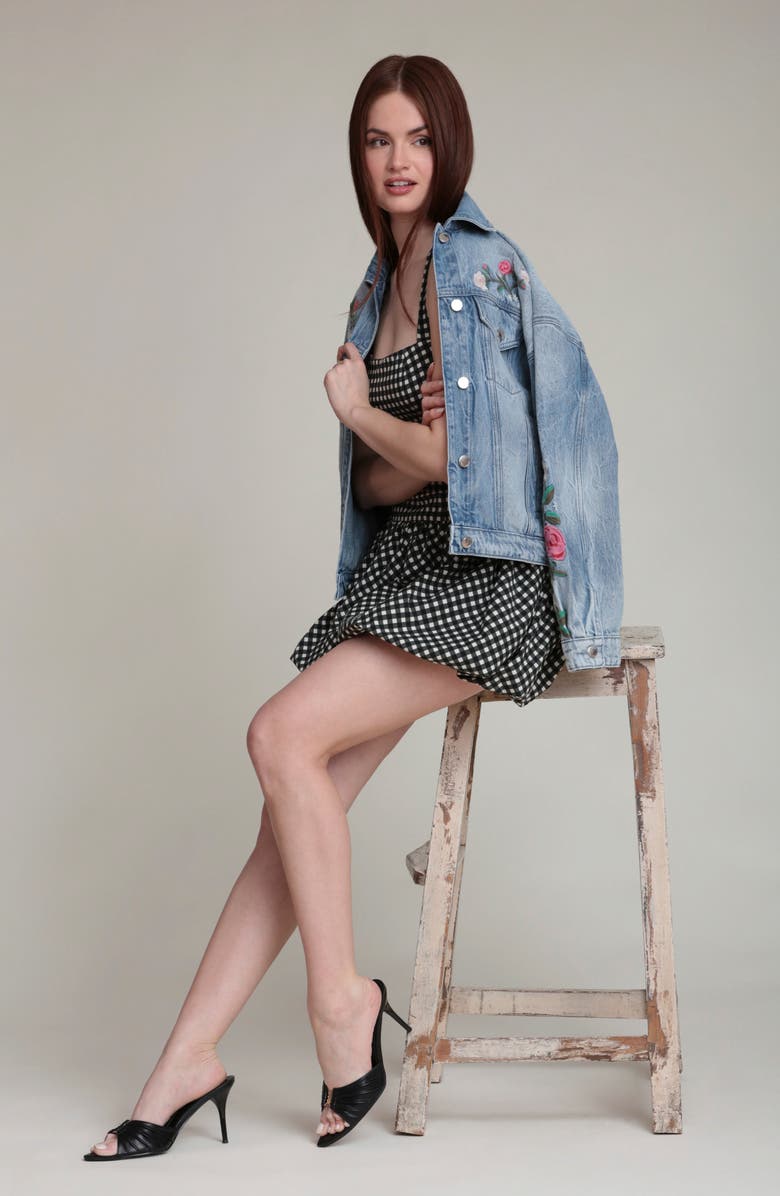 Avec Les Filles Embroidered Denim Trucker Jacket, Alternate, color, 