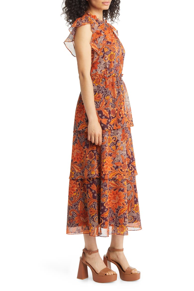 Floral Tiered Flutter Sleeve Midi Dress, Alternate, color, BROWN MULTI